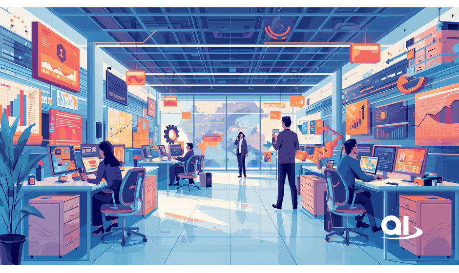 Modern office with employees at desks and screens displaying data visualizations.