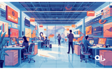 Modernes Büro mit Mitarbeitenden an Schreibtischen und Bildschirmen mit Datenvisualisierungen.