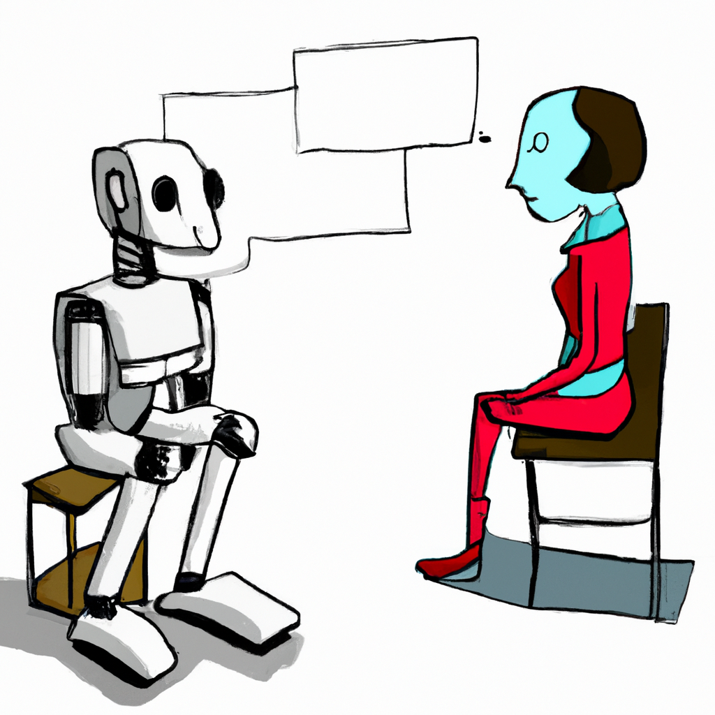 illustration eines Roboters der gegenüber von einem Menschen sitzt und sie starren sich an,