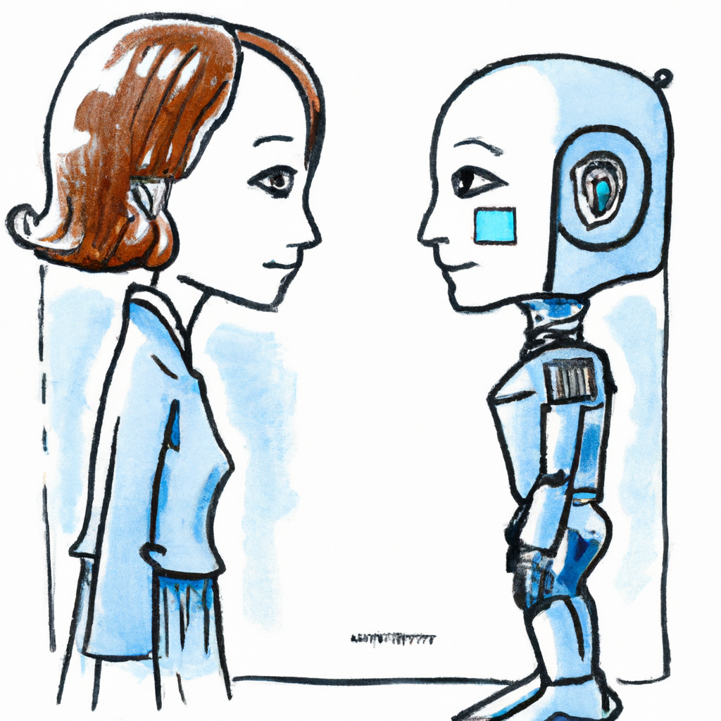 illustration of people and robot, people, robot, face to face